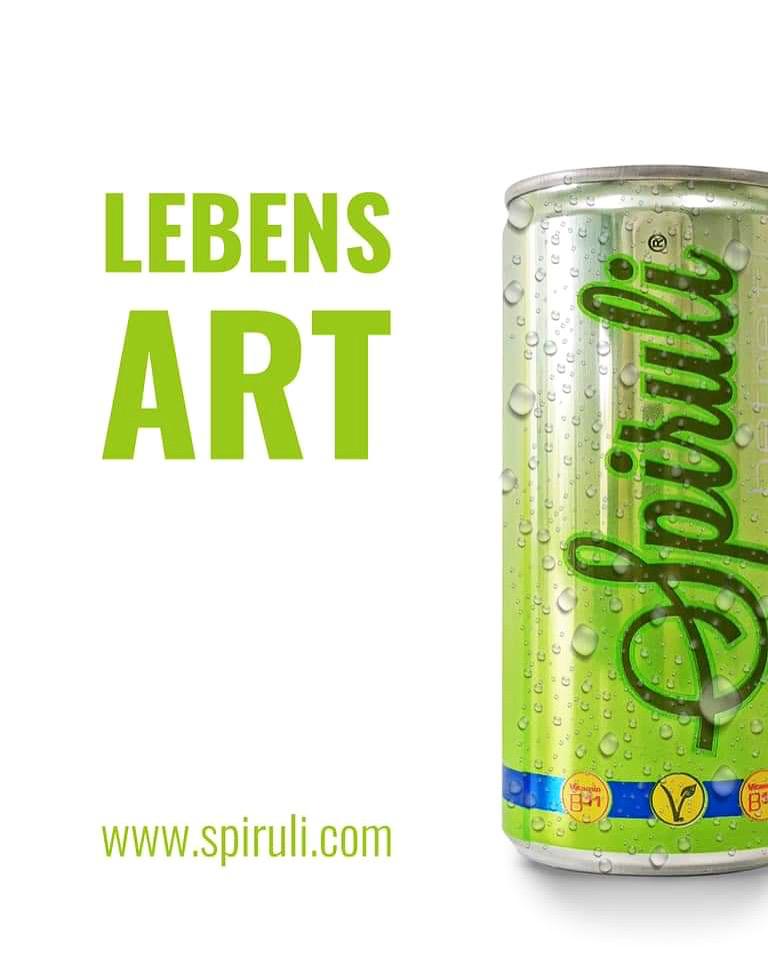 SPIRULI Lebensart: Grüne Dose mit frischen Wassertropfen und dem Motto Lebensart