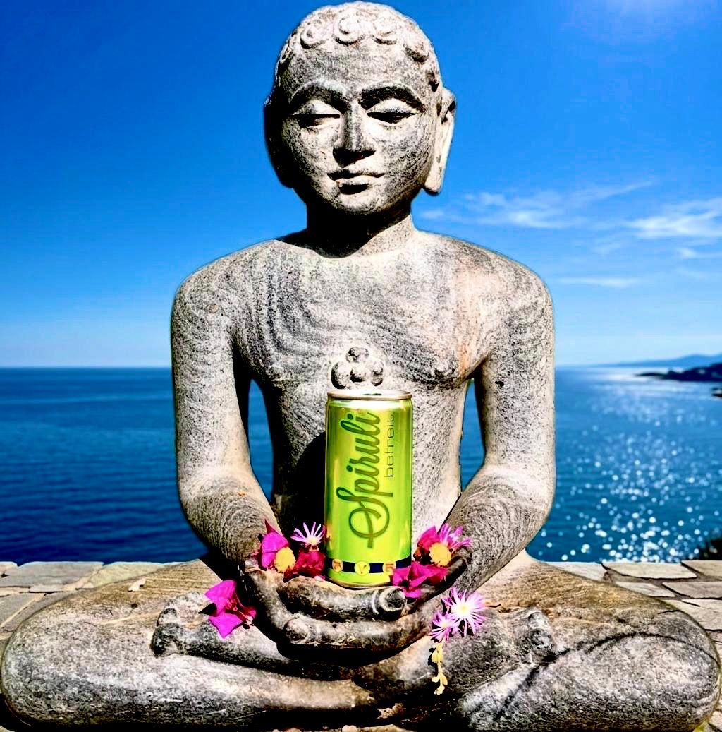 SPIRULI Dose in Buddha-Händen vor dem Meer