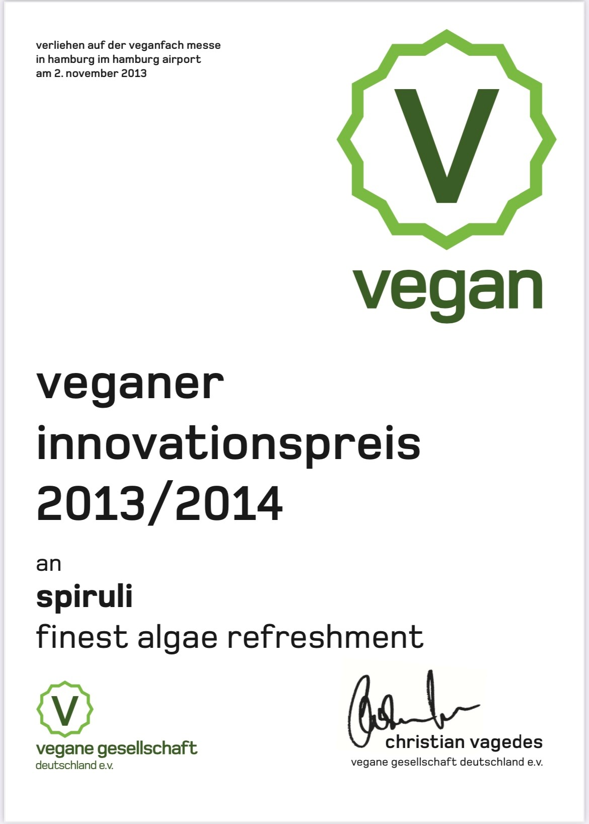 Urkunde: veganer Innovationspreis 2013/2014 an SPIRULI